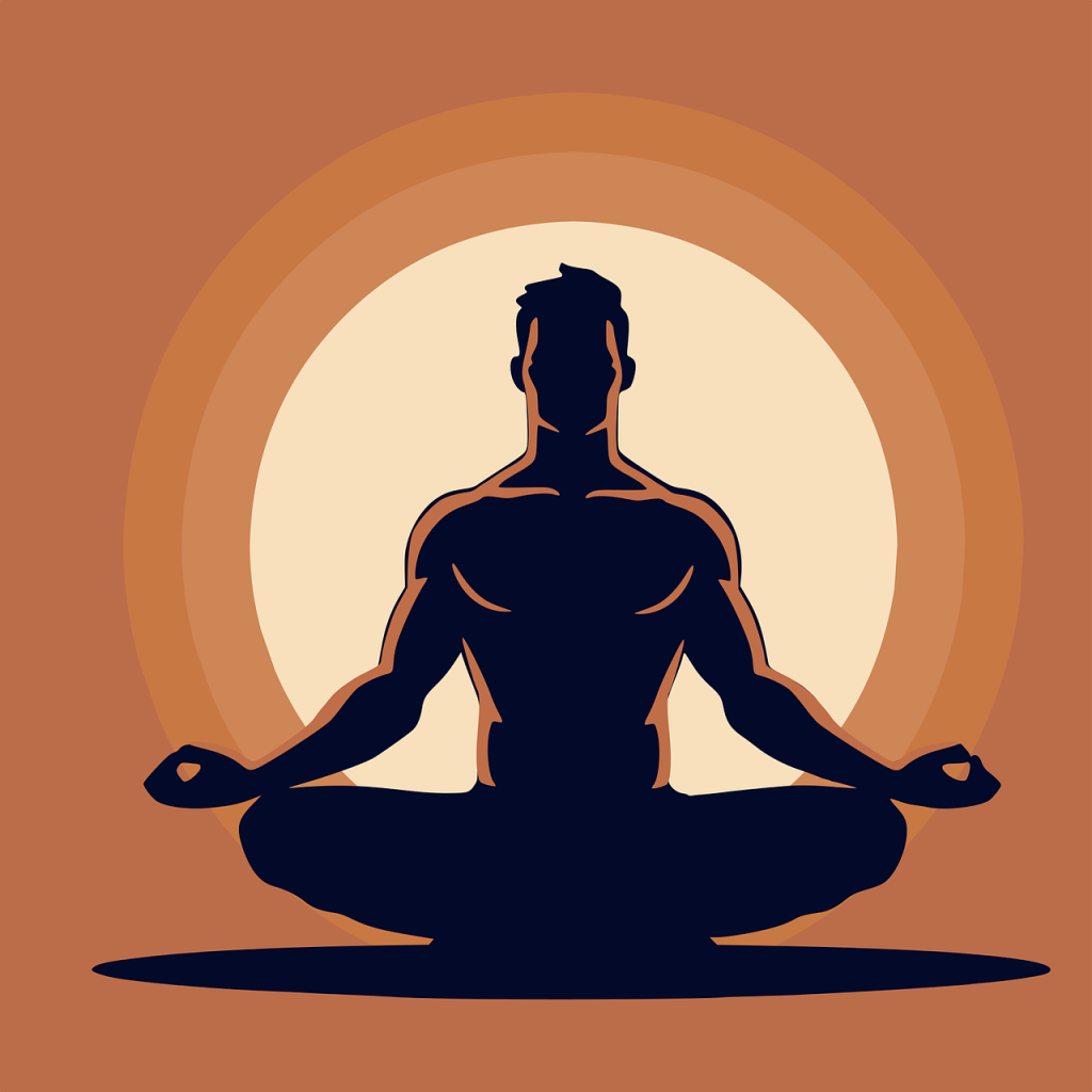 The image depicts one of the types of meditation a man performing a meditation inspired by the moon, with the moon itself glowing behind him. His shadow stretches out on the floor, creating a serene and otherworldly atmosphere.