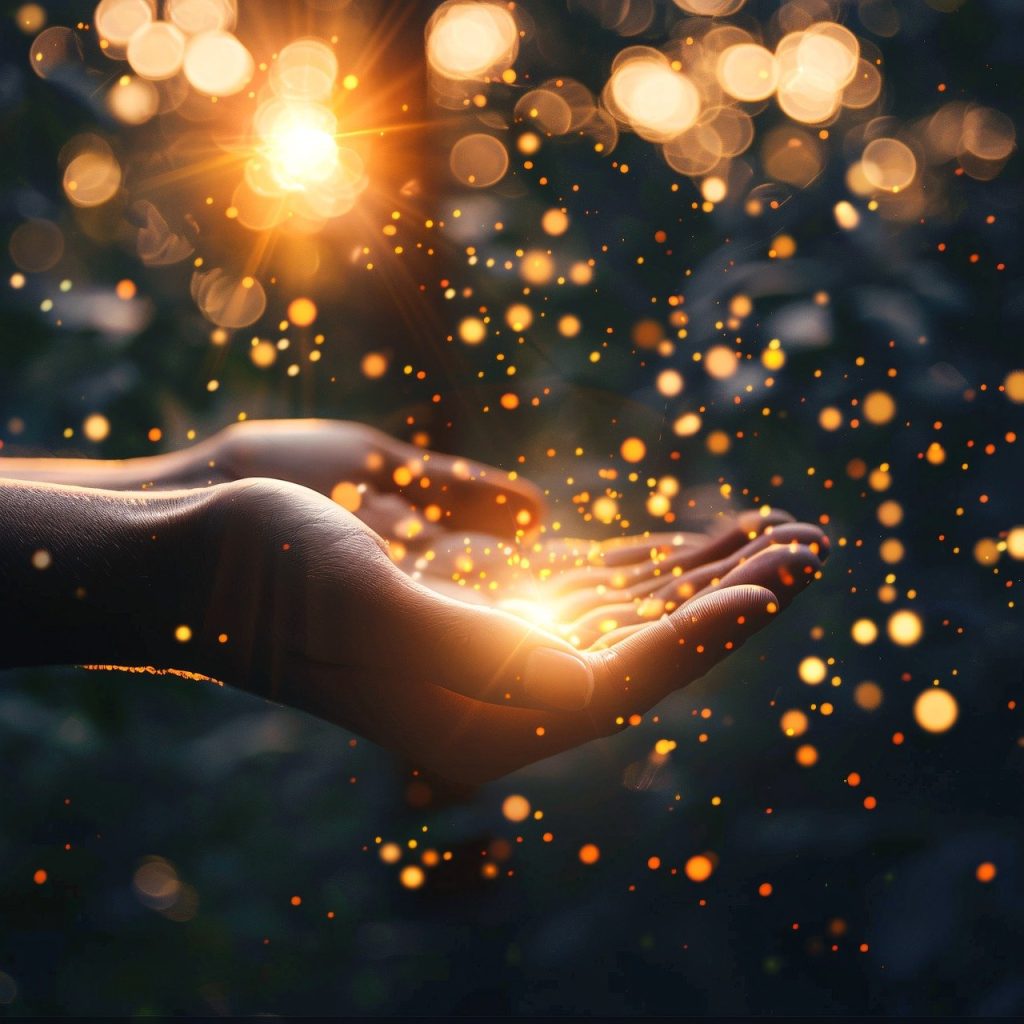 The image shows two hands holding a glowing light surrounded by sparkles. The dark background makes the light stand out, creating a feeling of hope and healing. It looks like a moment of calm and spiritual energy.