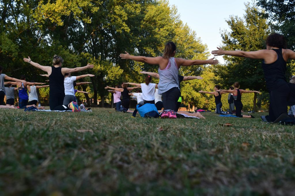 the picture shows the people are doing the yoga in the park with green trees as well and many people in the mat doing the yoga. The Science Behind Yoga Treks