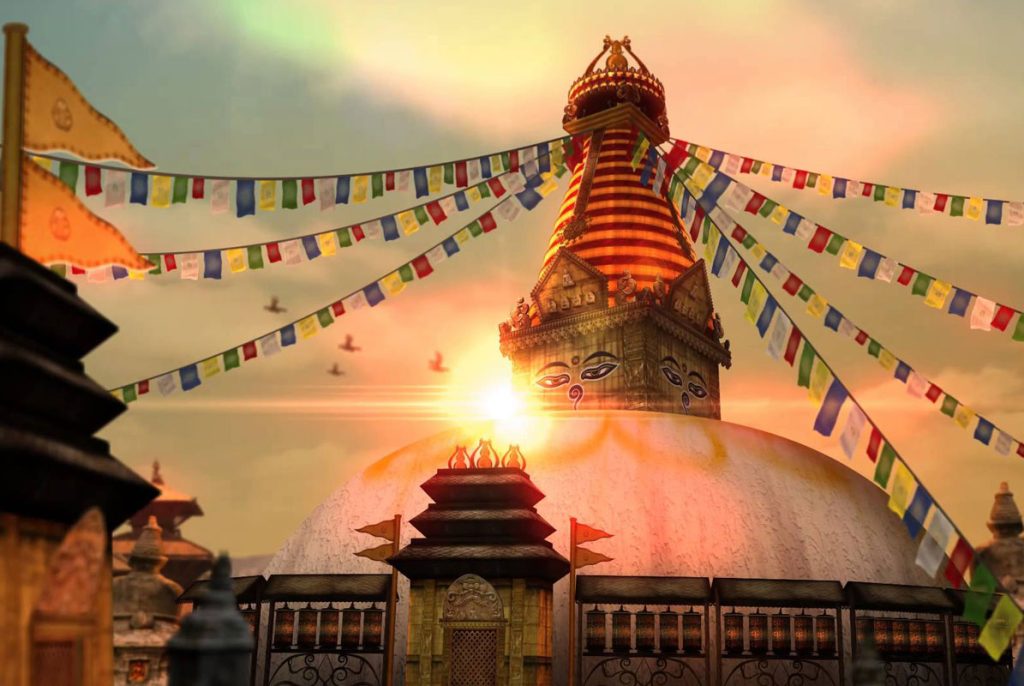 This is a picture of the Swayambhunath Stupa, with the sun visible behind it. From the top of the stupa, small flags hanging can be seen, along with an entry gate and surrounding temples.