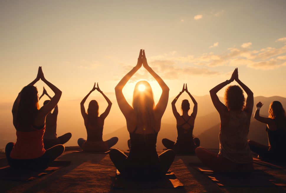 The image shows a yoga session taking place in the early morning light, with the sun just starting to rise.